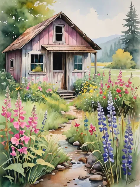 In this evocative watercolor scene, the abandoned shack is unexpectedly adorned with a wildflower garden, its untamed beauty encircling the structure like a vibrant embrace. The soft, watery hues of the flowersâranging from the delicate pinks of wild ros...