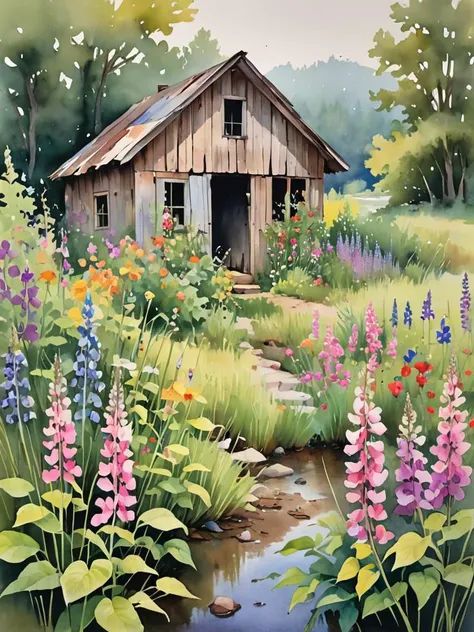 In this evocative watercolor scene, the abandoned shack is unexpectedly adorned with a wildflower garden, its untamed beauty encircling the structure like a vibrant embrace. The soft, watery hues of the flowersâranging from the delicate pinks of wild ros...