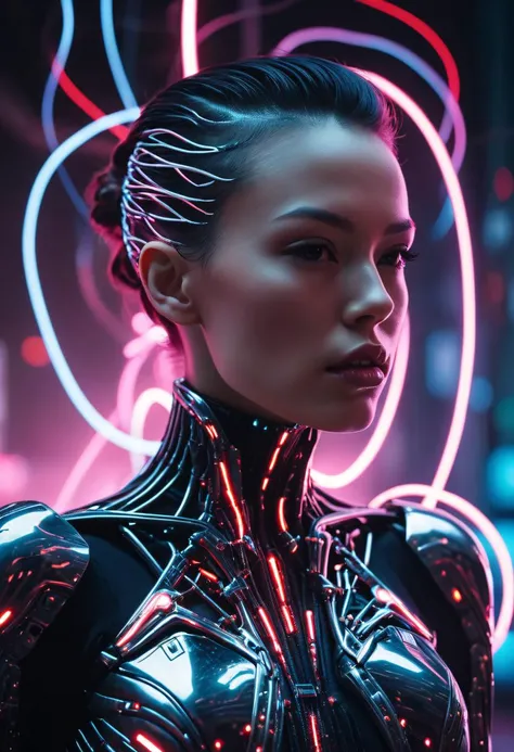 biomechanical cyberpunk Ultimate fusion of technology and allure, Cosmic Cyber Warrior. Embodying the creative genius of Jovana Rikalo, Brandon Woelfel, and Ross Tran, spectacular cosmic landscapes fraught with otherworldly conflict. Shimmering cables cour...