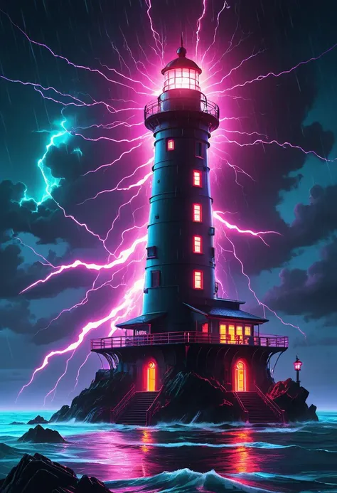 nautical-themed Cyberpunk Neon Lighthouse Amidst Futuristic Seascape, a desolate island in the middle of the ocean, bathed in a neon glow from the light house, an enormous lens pulses with vibrant neon hues, casting spectral rays across stormy waters, rain...