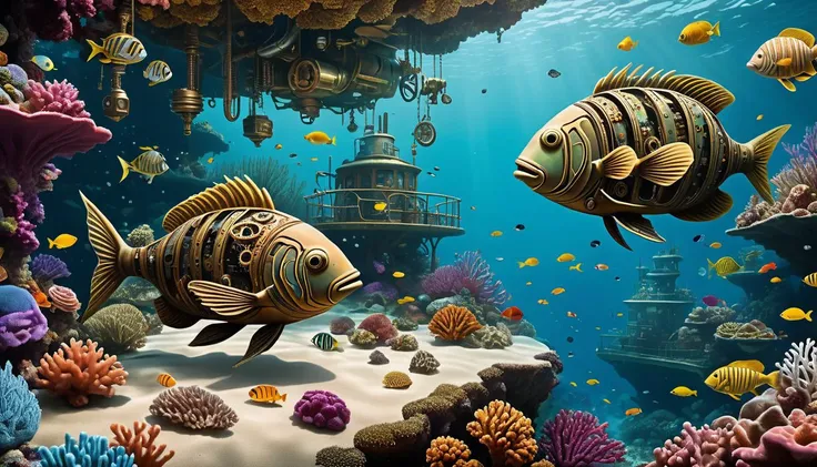 A steampunk style vibrant undersea reef. Imagine a fish-shaped submarine crafted from aged brass and copper, adorned with intricate gears turning in synchronized harmony. Schools of saltwater fish in every imaginable color dart among towering coral formati...