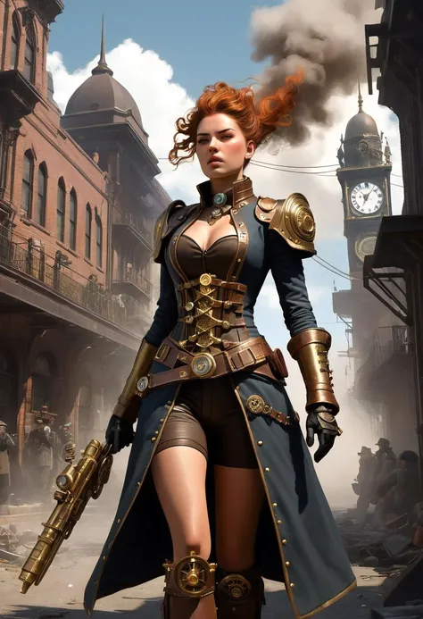 concept art Conjure the image of a fierce Decopunk warrior navigating through a gritty Steampunk setting, where intricate gadgetry and clockwork mechanisms rule supreme. Their body embodies the rebellious spirit of the Decopunk subgenre. Copper piping and ...