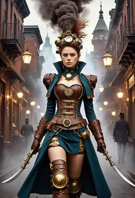 a woman in steampunk clothes and a hat holding a sword