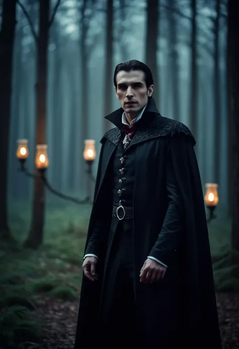 a man in a black coat standing in a forest with candles