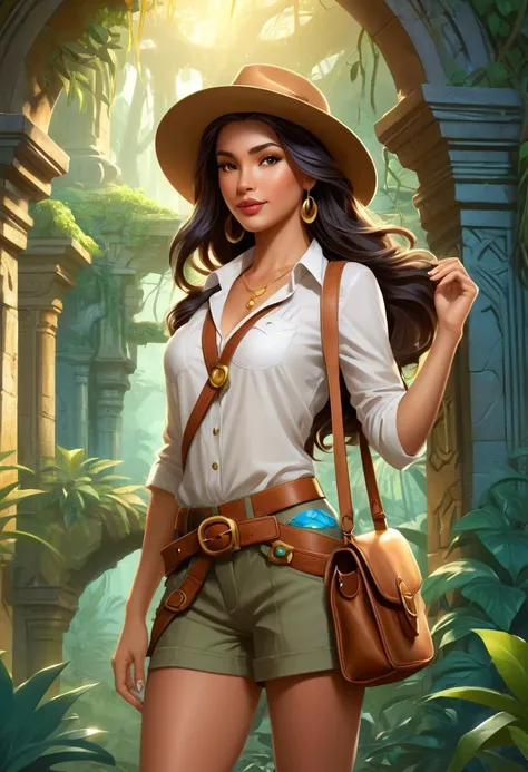 ethereal fantasy concept art of In the heart of a dense tropical wilderness, a daring treasure hunter navigates crumbling ruins draped in vines, clad in vintage swing era finery. With fedora tipped low over her brow and satchel slung over her shoulder, she...