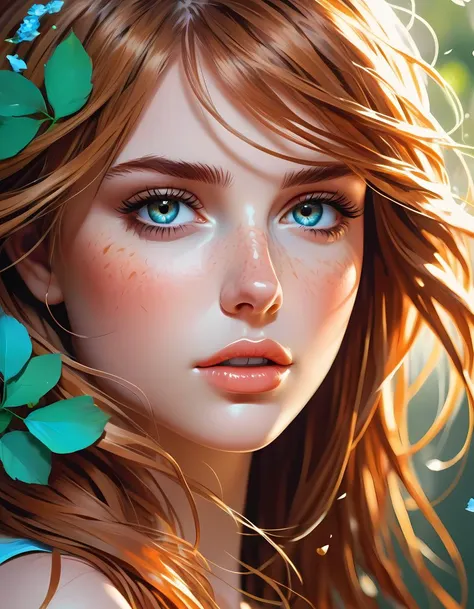 nime artwork portrait of a unique breathtaking and beautiful woman face close-up, stunning detail, hyper detailed eyes, detailed skin with a flawless texture delicate and refined, smooth hair elegantly draped around her neck, subtle freckles on her nose, f...