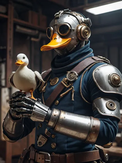 arafed duck wearing a steam - powered suit and goggles holds a bird