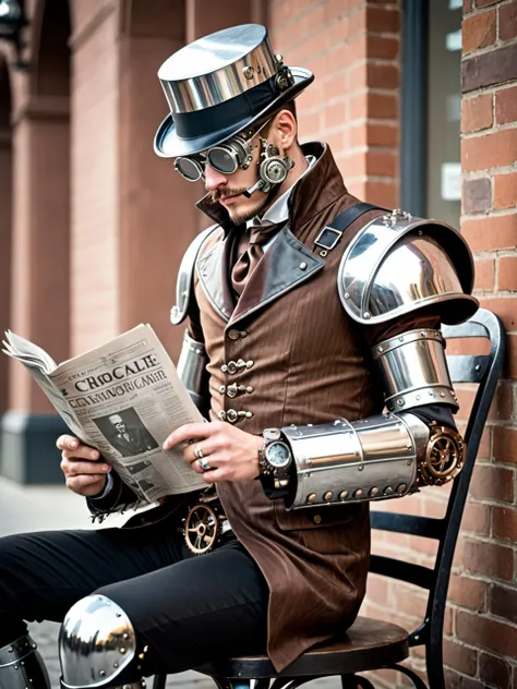 a gentleman, decopunk attire, decopunk, tech implants, technology, steampunk chrome armor, reading a newspaper, drinking coffee