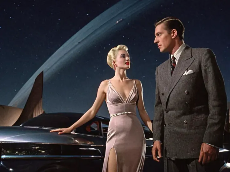 (medium closeup of a( man and woman) next to a  long low, ([1938 Phantom Corsair concept |citroen SM ]:0.7) car, short blonde hair, huge breasts, slim waist, see-through futuristic  flapper dress, facing viewer, hair slicked back, slender,  fashion model, ...