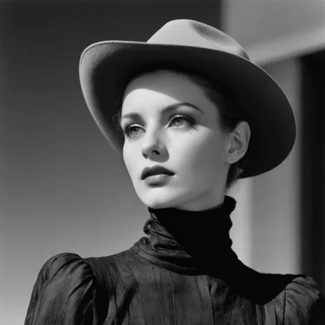 a black and white photo of a woman wearing a hat