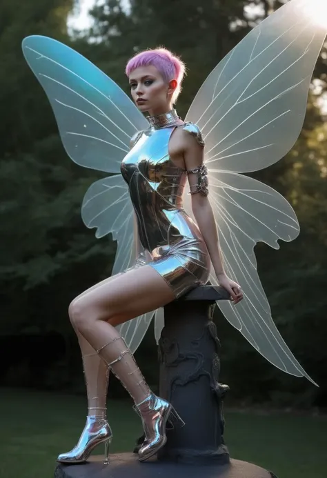 cyborg fairy on a rocket, decopunk, transparent wings, iridescence, high tech, outdoors, chiaroscuro