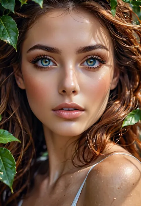 a close up of a woman with long hair and blue eyes