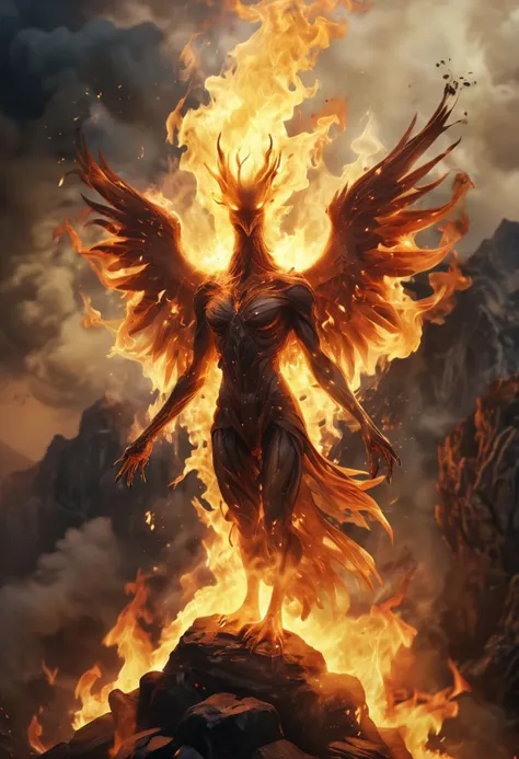 a woman with fire wings standing on a rock in front of a mountain