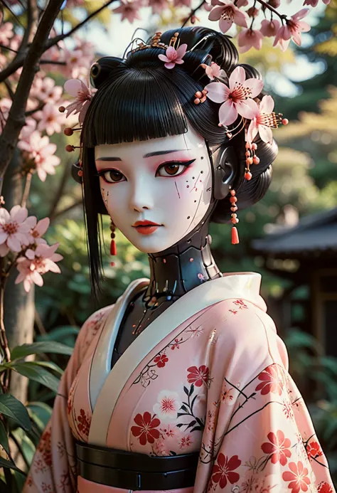 analog film photo (zavy-cbrpnk, faceplate:1.4), elegant humanoid robot geisha, floral kimono, soft subtle colors, suggestive smile, from the side, looking at viewer, eye catch-lights, atmospheric lighting, soft shadows, outdoors in the shade, flower garden...