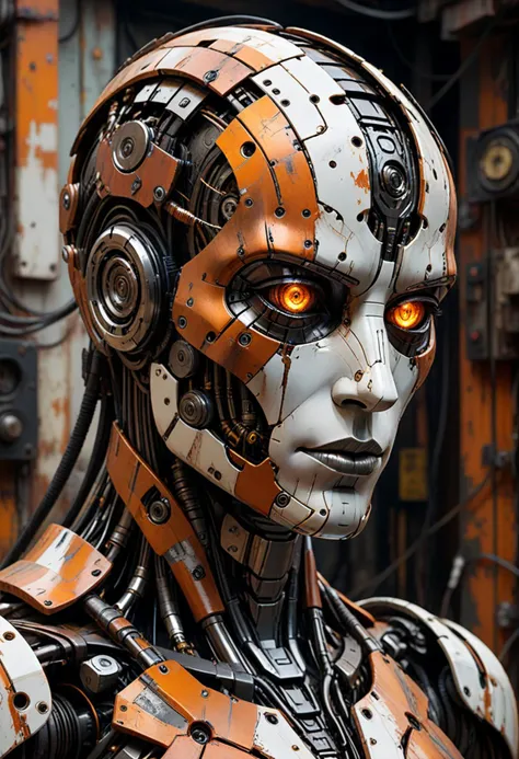 a close up of a robot with orange eyes and a metal body