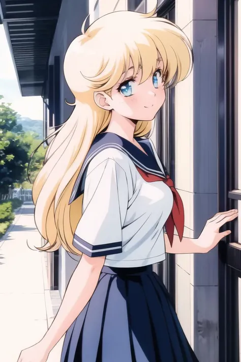 masterpiece, best quality, high-res, perfect lighting, morning, 
illies, 1girl, solo, blonde hair, long hair, blue eyes, large breasts, 1990s (style), retro artstyle,
smile, blush, seifuku, white school uniform, 
walking, looking at viewer, outdoor, from s...