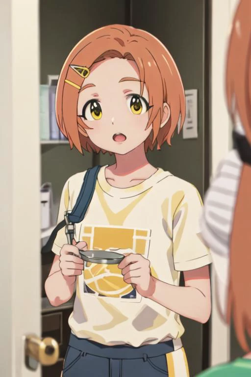 best quality, masterpiece, highres, solo, {ryuzaki_kaoru_theidolmastercinderellagirlsu149:1.15}, short_hair, hair_ornament, hairclip, orange_hair, brown_hair, yellow_eyes, smile, upper_body, open_mouth, :o, blurry, blurry_foreground, raglan_sleeves, mirror...