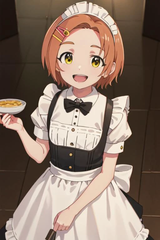 best quality, masterpiece, highres, solo, {maid:1.40}, {long maid dress:1.15}, {ryuzaki_kaoru_theidolmastercinderellagirlsu149:1.15}, short_hair, hair_ornament, hairclip, orange_hair, brown_hair, yellow_eyes, smile, upper_body, open_mouth