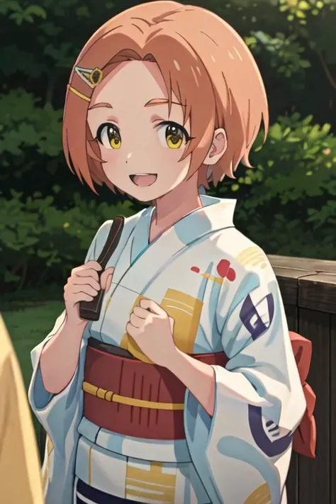 best quality, masterpiece, highres, solo, {yukata:1.40}, {kimono:1.20}, {ryuzaki_kaoru_theidolmastercinderellagirlsu149:1.15}, short_hair, hair_ornament, hairclip, orange_hair, brown_hair, yellow_eyes, smile, upper_body, open_mouth