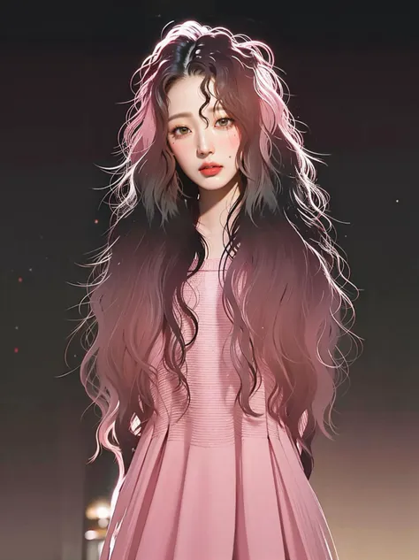 1girl, solo, realistic, looking at viewer,
(standing:1.4),
(pink wavy hair:1.5), stud, night time, (stars:1.4),
long dress, jewe...