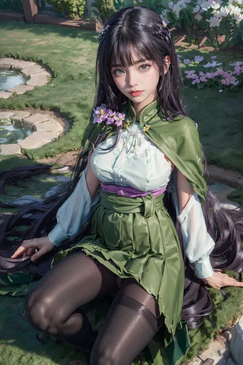 (ultra-detailed black hair, many detailed tangle hair streak)
 ,looking at viewer,cowboyshot,(standing:1.2),dynamic angle
,<lora:kasugayama_v1:0.85>kasugayama,green capelet,white shirt,(green skirt to the knee,black pantyhose:1.2),long boots,long hair,flat...