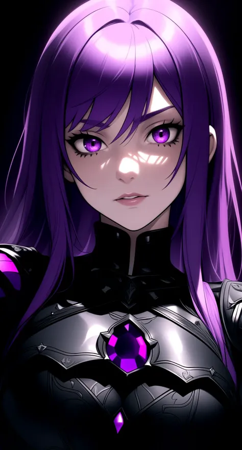 centered, upper body, award winning upper body portrait, (upper body:1.2), (detailed face), (beautiful detailed eyes:1.2), | solo, woman, purple hair color, light purple eyes, (black leather armor), | symetrical and detailed armor, | (dark fantasy) celtic ...