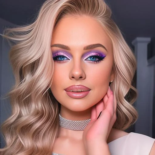 a woman with blonde hair and purple makeup posing for a picture