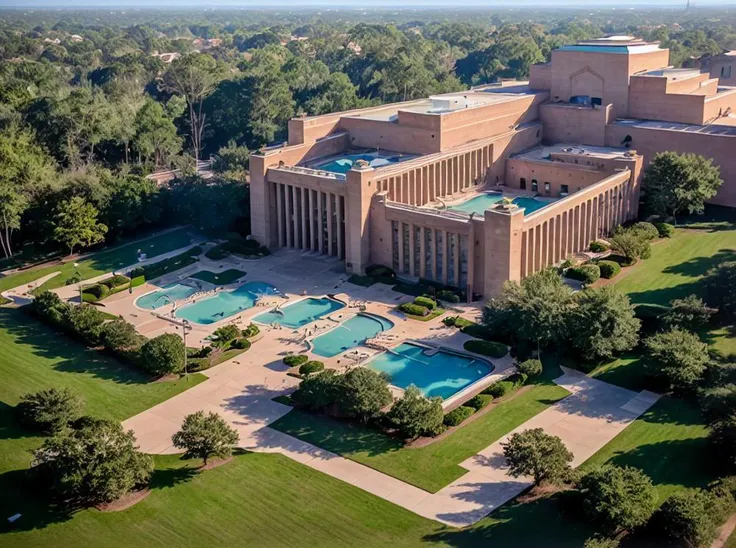 a view of a large building with a pool in the middle of it