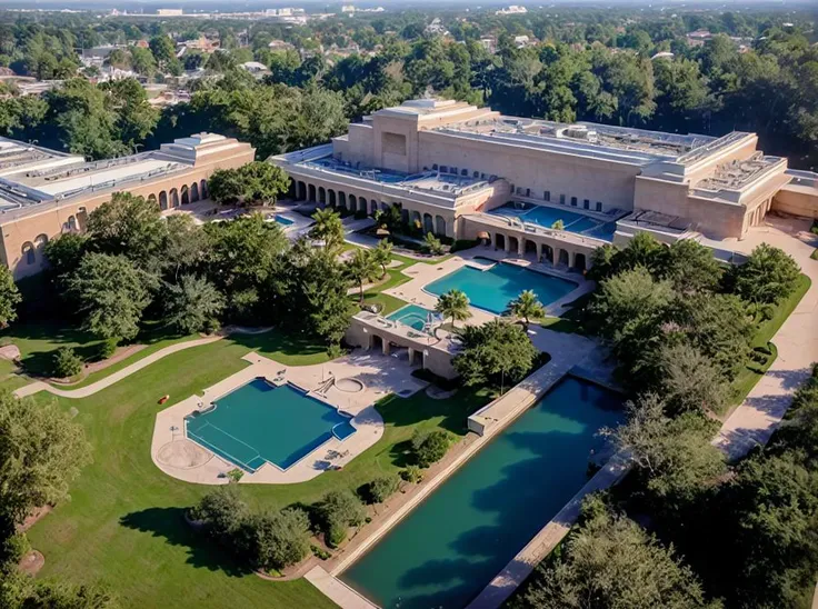 aerial view of a large building with a pool and a lawn