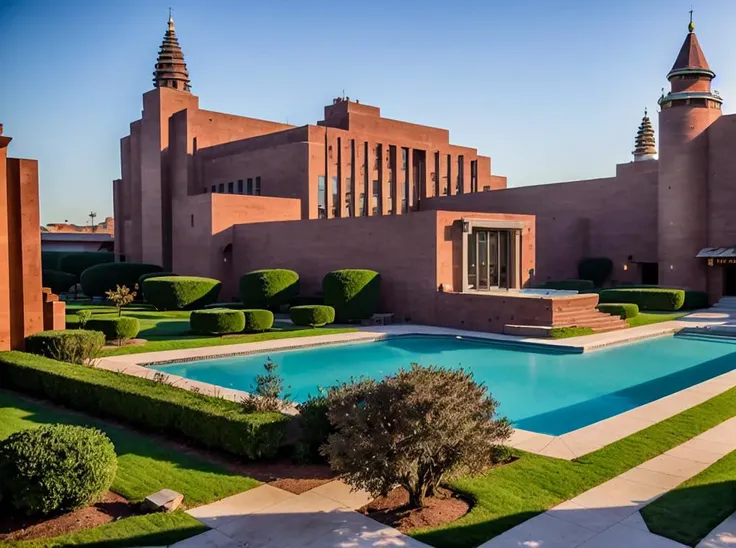 a view of a pool in a courtyard with a building in the background