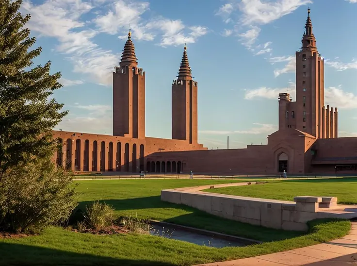 arafed view of a large building with two towers and a fountain