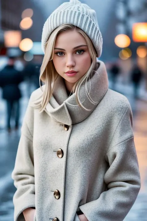 professional portrait photograph of   scarleith in winter clothing with short hair, freckles, beautiful symmetrical face, cute natural makeup, wearing elegant winter fashion clothing, ((standing outside in snowy city street)), stunning modern urban upscale...