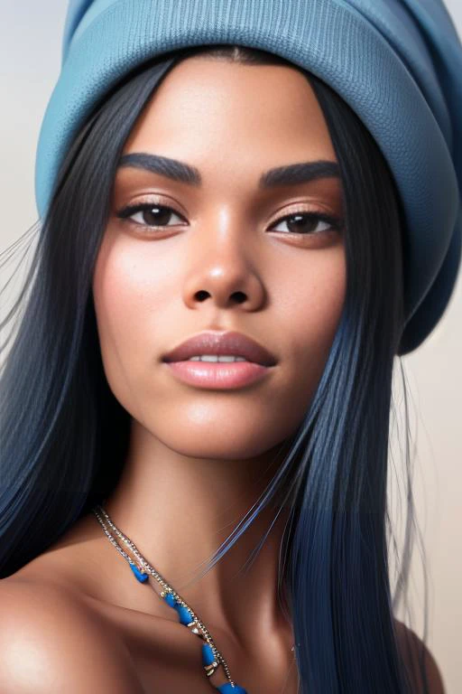 tinakunakey , masterpiece, best quality, high quality,extremely detailed CG unity 8k wallpaper, 1girl, solo, blue hair, beanie, jewelry, smile, necklace, looking at viewer, hat, realistic, open mouth, teeth, upper body, tank top, nose, bare shoulders, art...