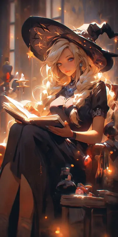 1girl, black dress, blonde hair, blue eyes, book, breasts, burning, candle, candlelight, candlestand, cleavage, dress, fire, fireplace, flame, halloween, hat, jack-o-lantern, jewelry, long hair, looking at viewer, medium breasts, mercy (overwatch), open bo...