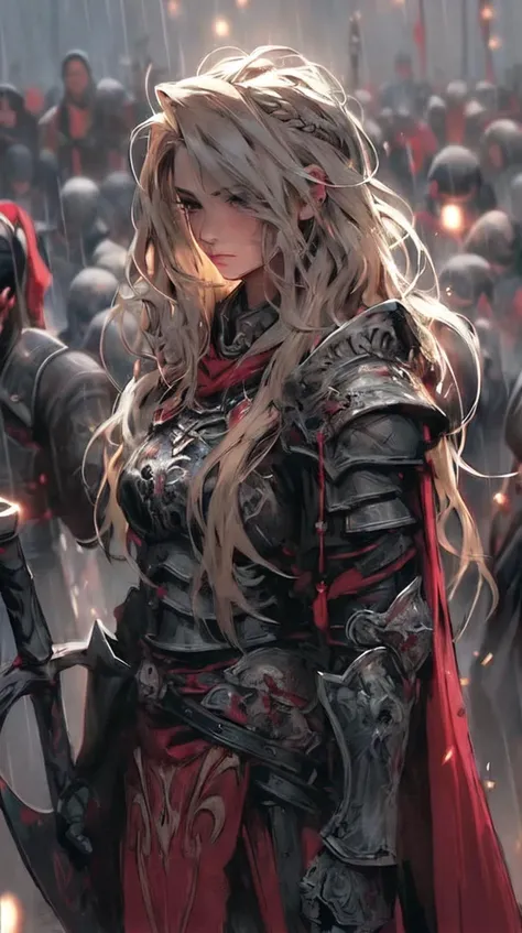 1girl, armor, blurry, blurry background, braid, full armor, holding, holding weapon, long hair, looking at viewer, solo, solo focus, standing, sword, weapon <lora:calicomix_v75:1> <lora:Cool Hong Kong Girl:1> image_dir