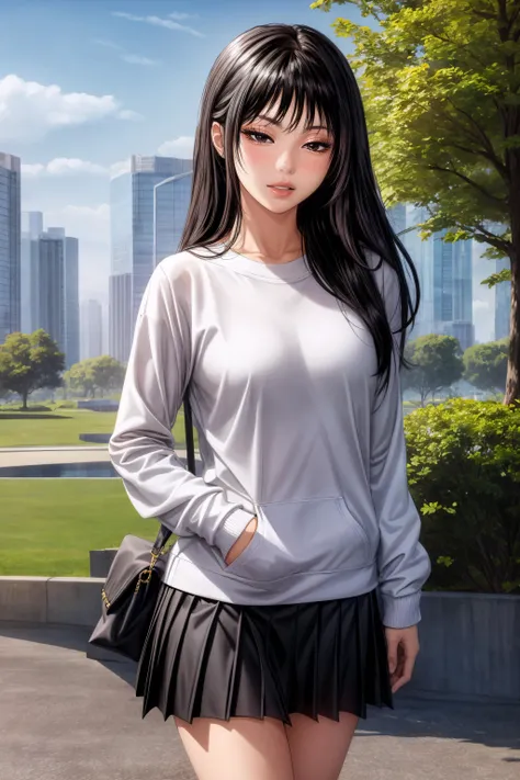 a woman in a skirt and a shirt standing in front of a city