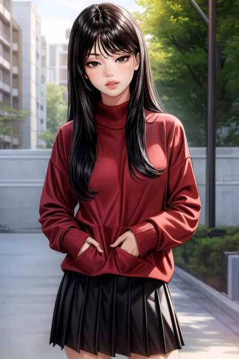 (masterpiece, best quality), <lora:nari v1.5-lora-Faxtron:0.8> nari, black eyes, black hair, long hair, red sweater, long sleeves, black pleated skirt, standing,
<lora:add_detail:0.8>,