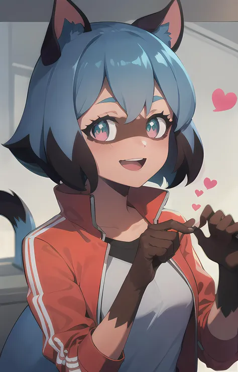 <lora:MichiruKagemoriV2:1>, michiru_kagemori, blue hair, animal ears, red jacket, upper body, tail, [brown colored hands], (hearts:1.2), looking at viewer, smile, open mouth