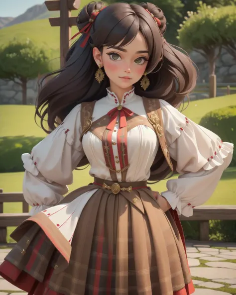 perfect portrait, Wenge Flannel "Bunad" womens attire Norway (Traditional Norwegian costume.), perfect face, with an intricate park background<lora:wowifierV3:0.78>