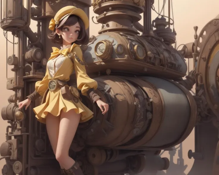 masterpiece, perfect face,  Amber Yellow steampunk miniskirt , intricate steampunk background<lora:add_detail:0.78>