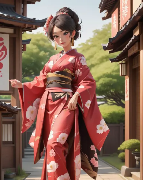 a woman in a kimono is walking down a street