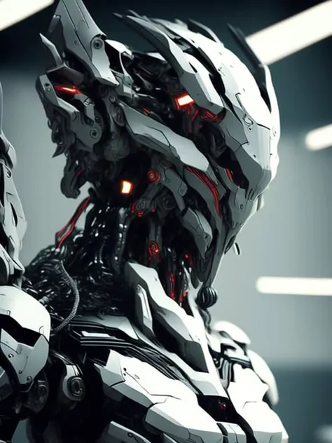 a close up of a robot with red eyes standing in a room