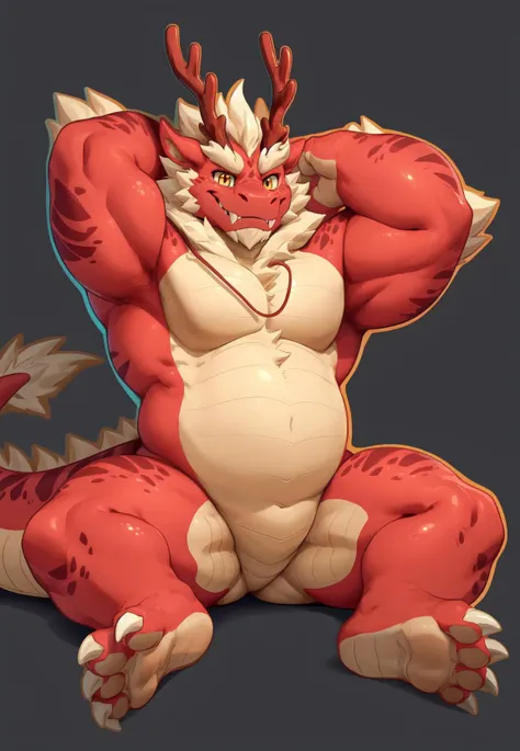 steamdragon, dragon, solo, red body, barbel (anatomy), yellow fur, yellow eyes, red horn, claws, anthro, fangs, smile, <lora:steamdragon_prodigy:0.5>, grandall (artist), null-ghost, sitting, neck tuft, countershade feet, white nails, 4 toes, spread legs, f...