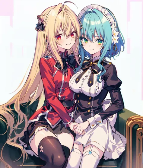 two anime girls sitting on a couch with their arms around each other