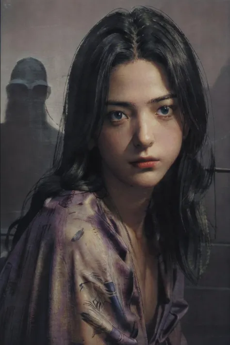 a painting of a woman with long hair and a purple shirt