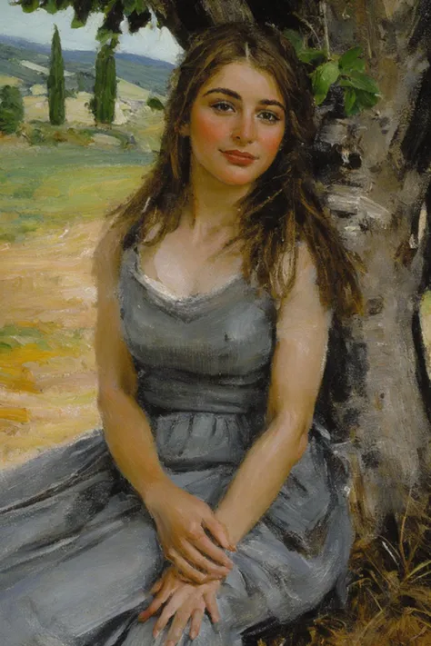 oil painting of a beautiful young woman, sitting under a tree in a tuscan landscape <lora:fechin:1.0>