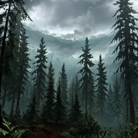 a view of a forest with a mountain in the background