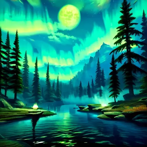 a painting of a lake with a boat in it and a full moon in the sky