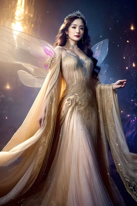 a woman in a gold dress with a fairy wings and a tia