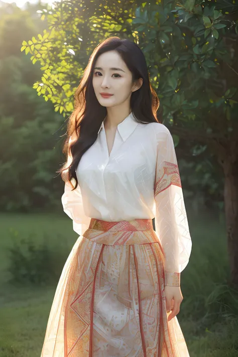 a woman in a white shirt and a skirt standing in a field